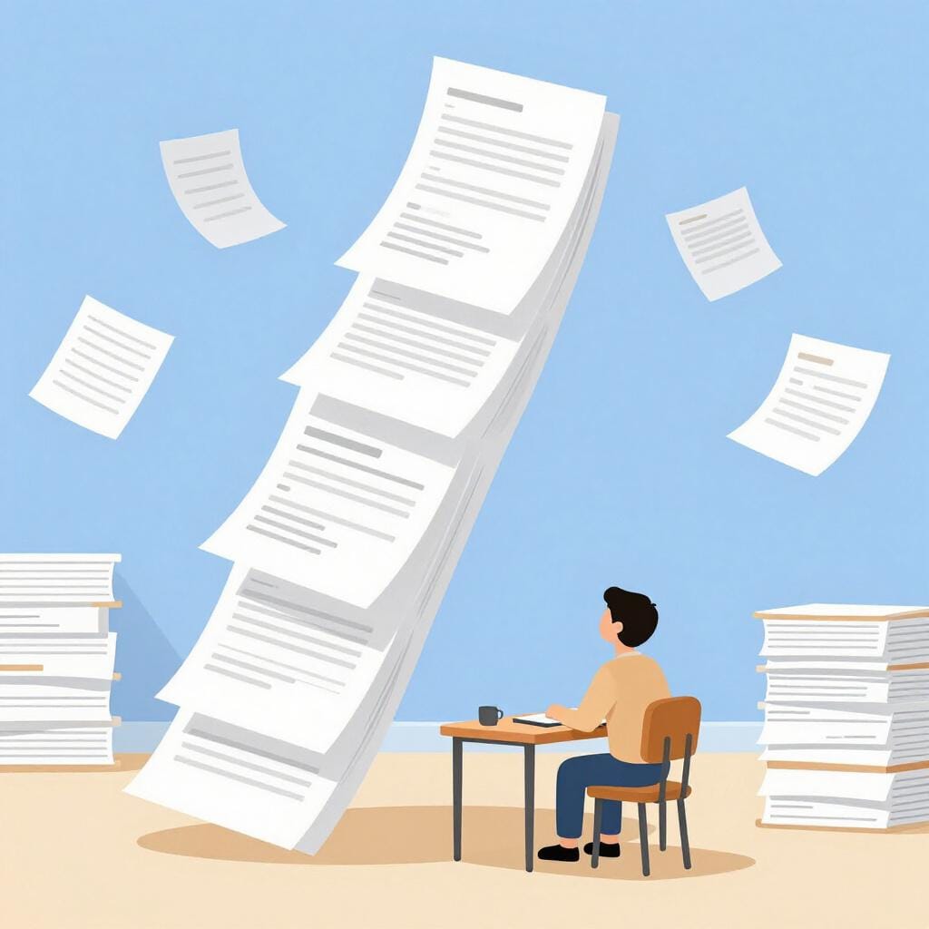 Een personage dat aan een bureau zit en overweldigd wordt door een gigantische, torenhoge stapel papieren.