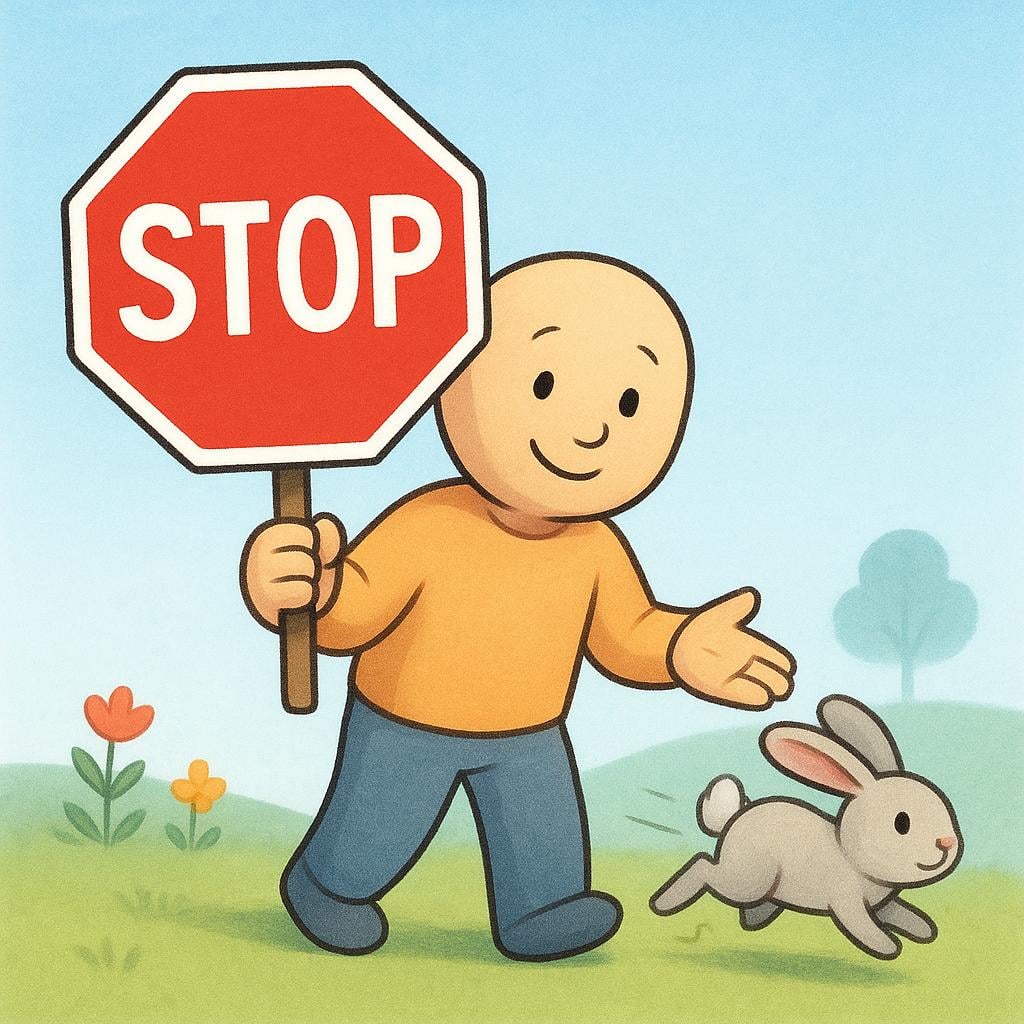A friendly person with a kind expression holds up a large, red 'stop' sign in front of a slightly late cartoon animal, but then smiles and lowers the sign, allowing the animal to pass without penalty, symbolizing excusing a delay.