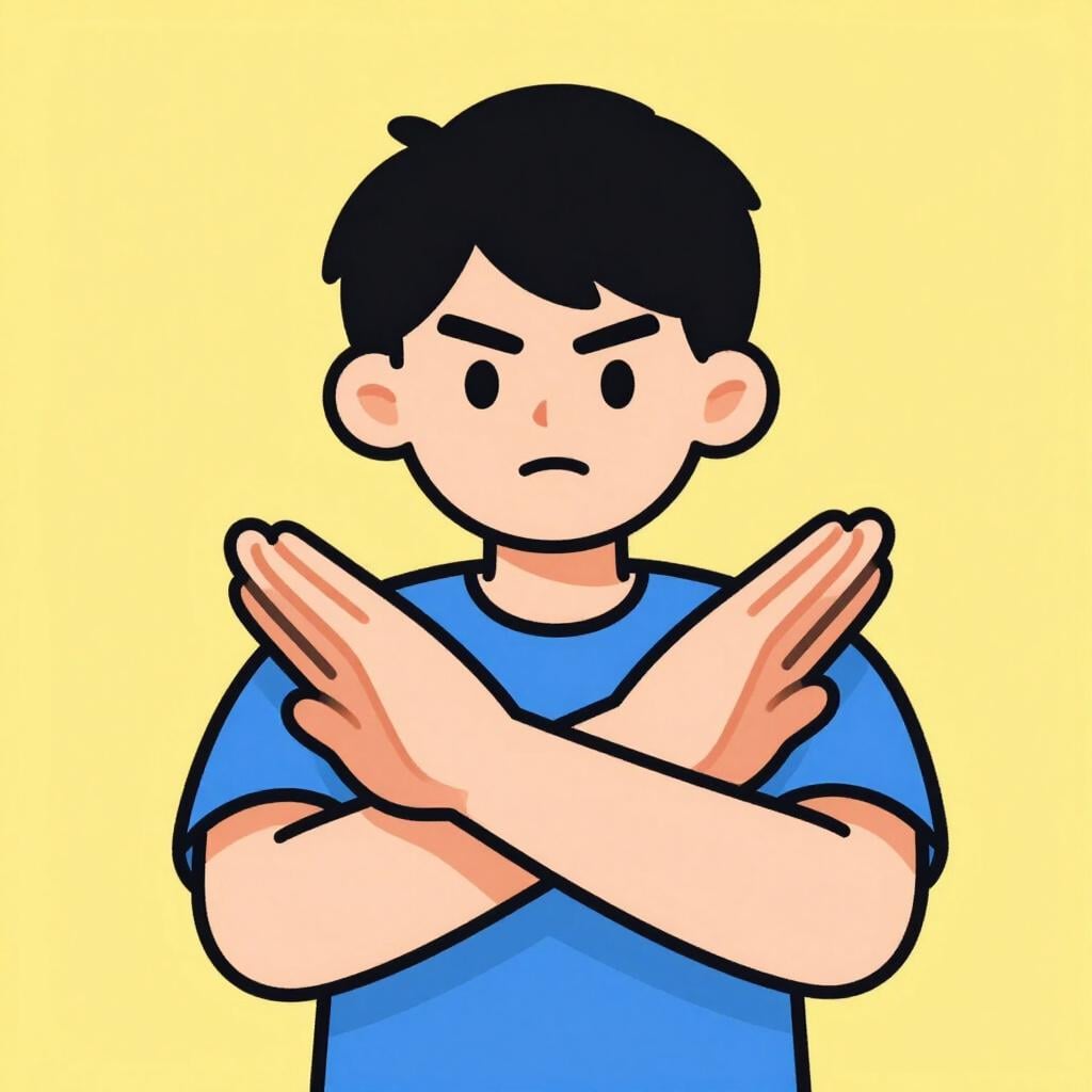 Uma pessoa balançando a cabeça e levantando as mãos em um gesto firme de 'não'.