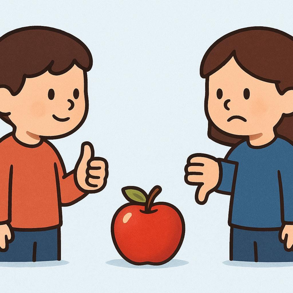 Two simple, stylized characters looking at a brightly colored apple between them. One character is giving a thumbs up, and the other is giving a clear thumbs down, illustrating differing personal views.