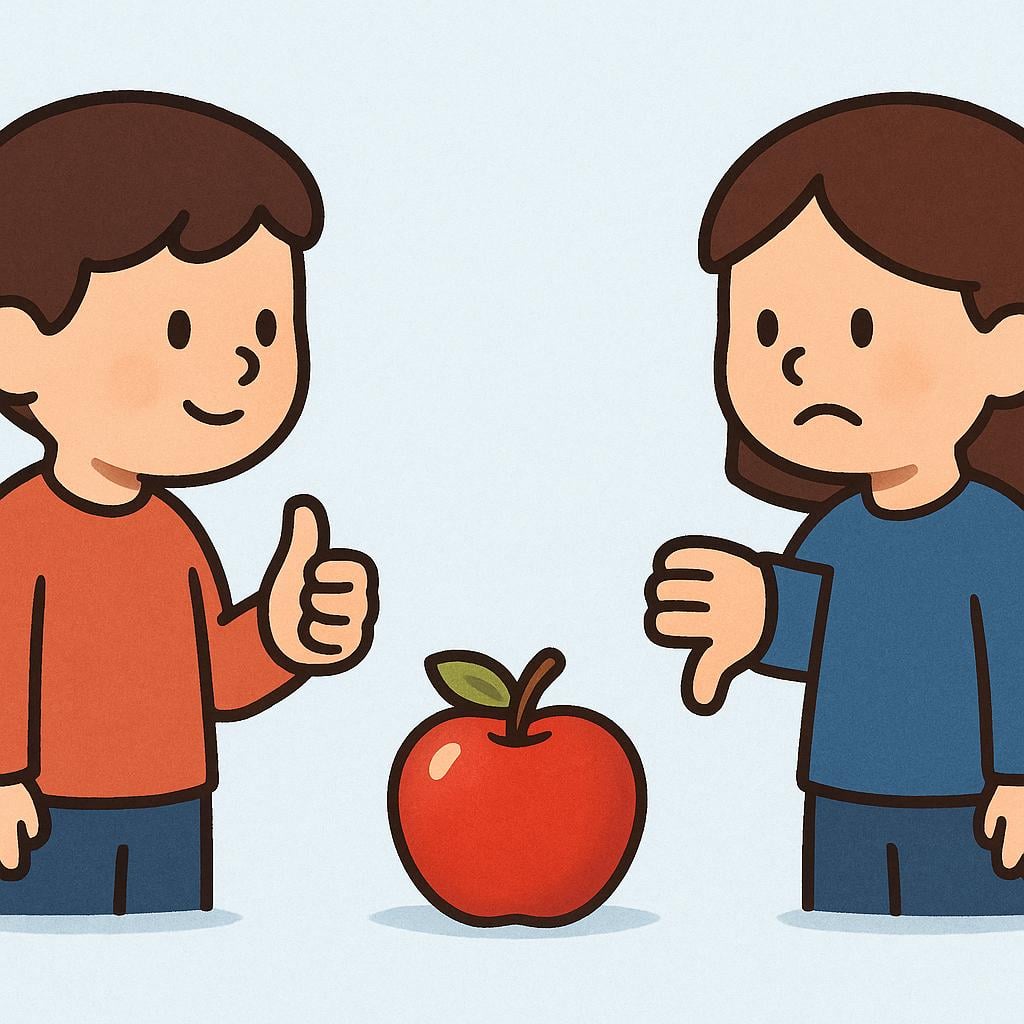 Two simple, stylized characters looking at a brightly colored apple between them. One character is giving a thumbs up, and the other is giving a clear thumbs down, illustrating differing personal views.