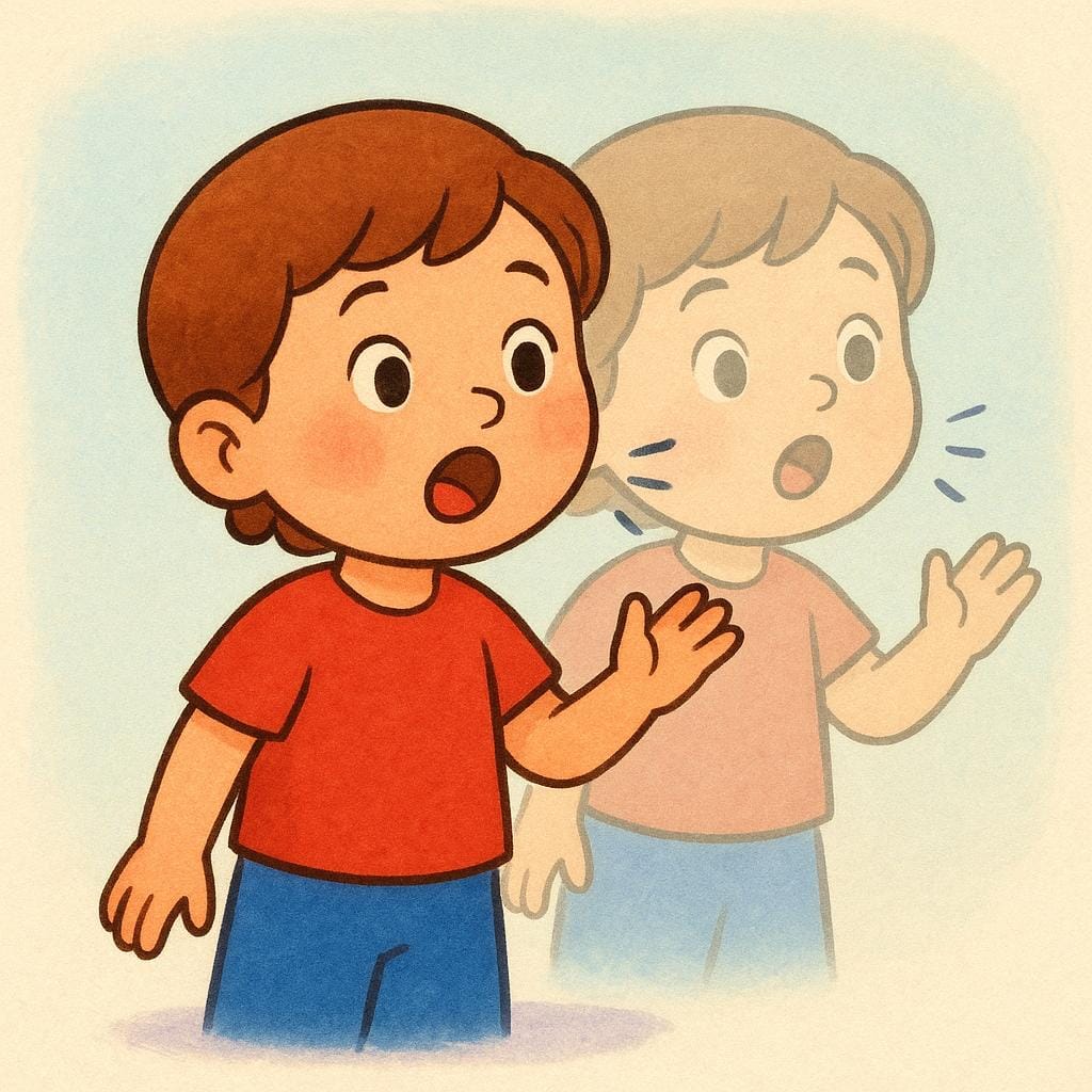 子供が宙に向かって話している様子。その背後に、話している子供の姿と動作の薄い同一のアウトラインがわずかに重なっており、繰り返しを強調している。