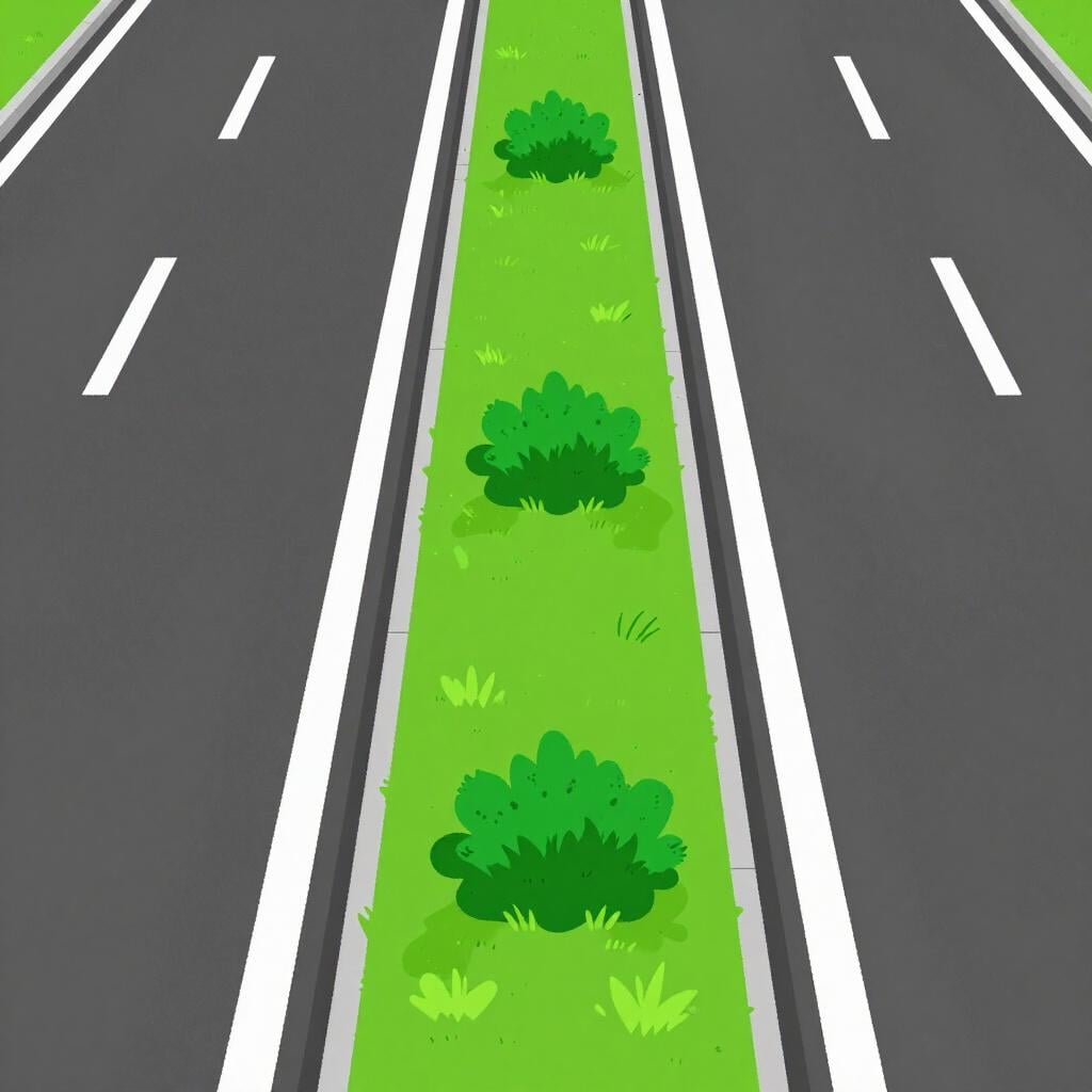 A grassy strip with small bushes separating two lanes of a paved road.