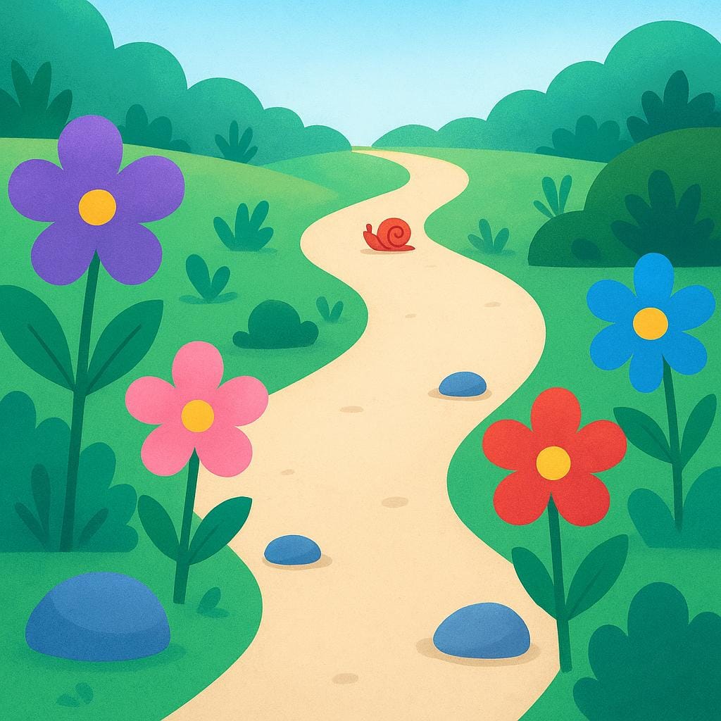 A brightly colored snail is far along a winding path, illustrating something that has advanced or moved forward.