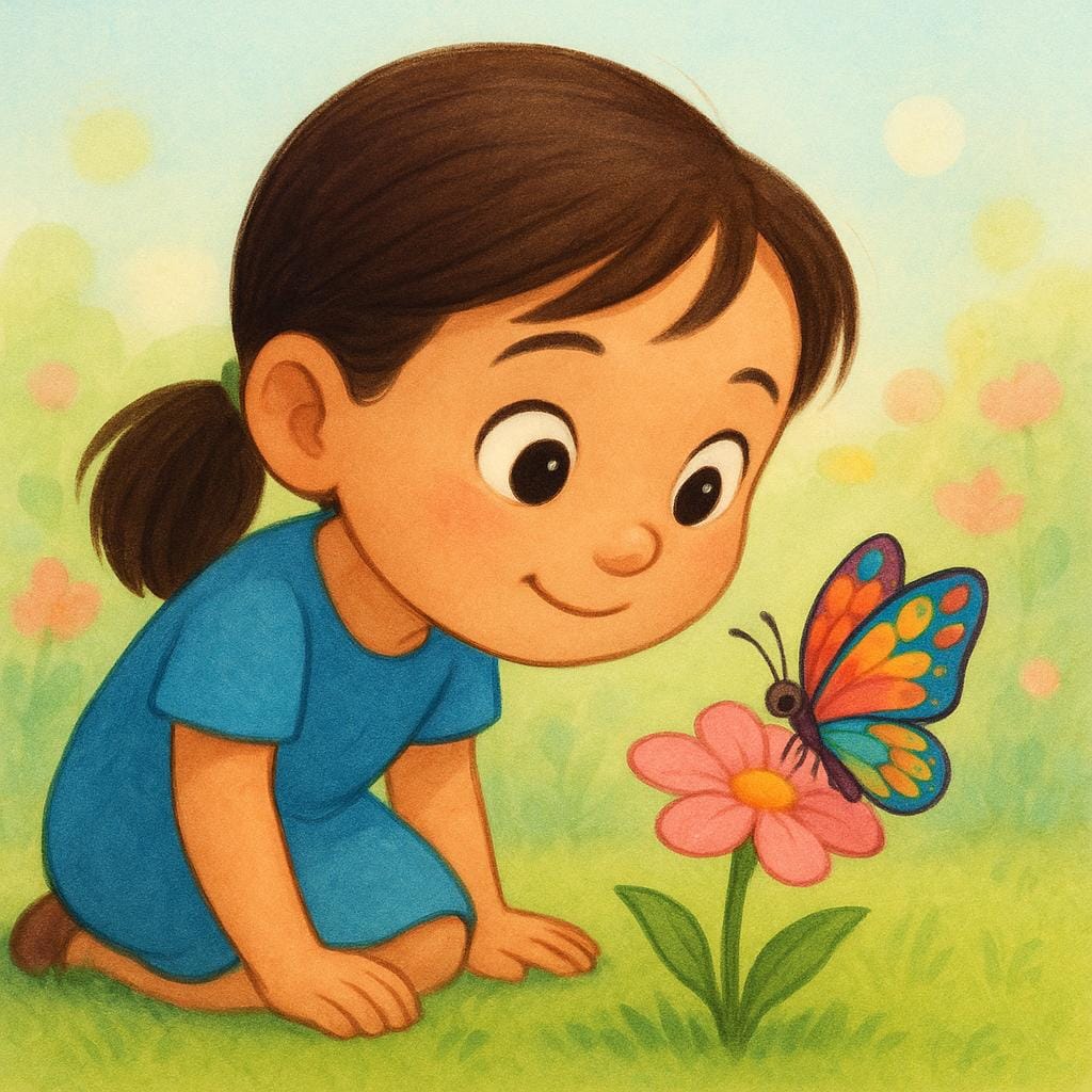 A young girl kneels down, looking closely and attentively at a colorful butterfly resting on a pink flower.