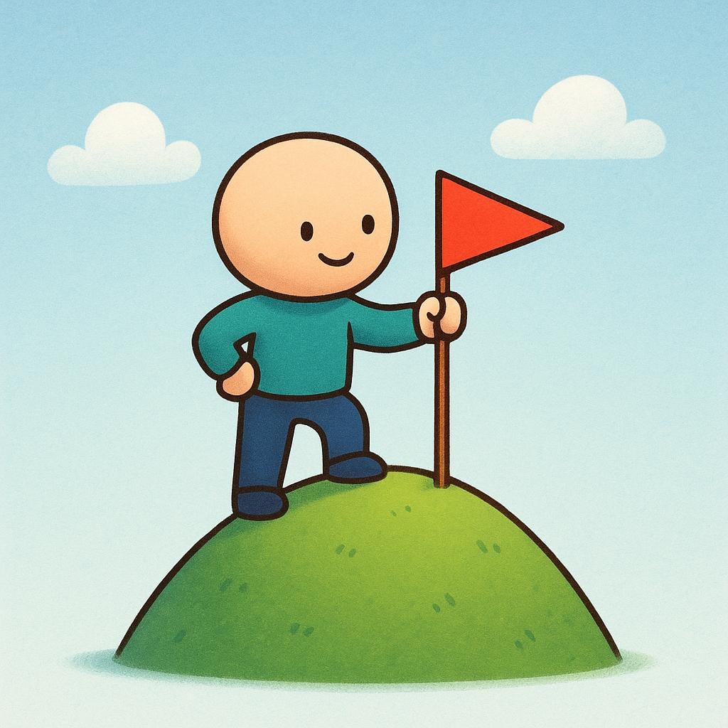 A small, determined figure standing on the clearly defined peak of a gentle, rounded hill, planting a miniature flag to mark the limit reached.