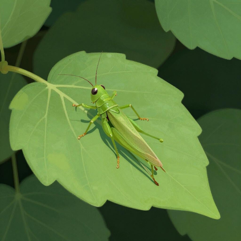 A green locust resting on a bright green leaf.