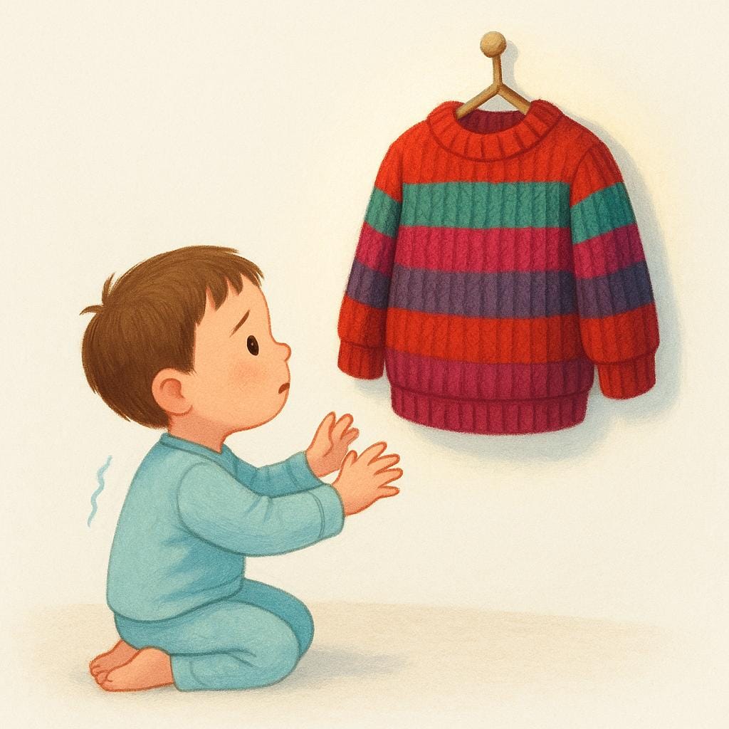 床に座って、手の届かないところに吊るされた大きくて明るい色の居心地の良いセーターを熱心に見つめている、少し震えている小さな漫画の子供。
