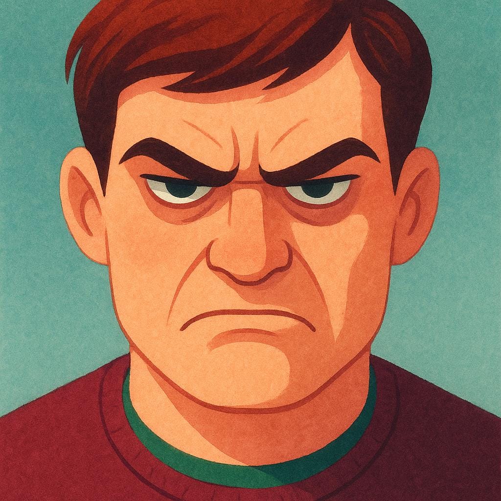 A close-up illustration of a character's face with intensely narrowed, shadowed eyes and a grim expression, conveying malice or murderous intent.