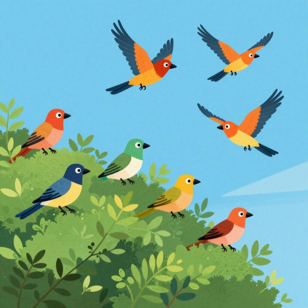 A group of colorful birds suddenly flying out from behind a large green bush.