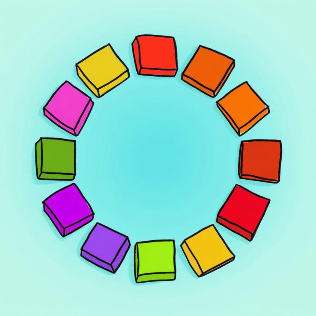 A simple illustration showing twelve uniform, brightly colored blocks arranged in a complete circle, symbolizing the twelve months of a year.