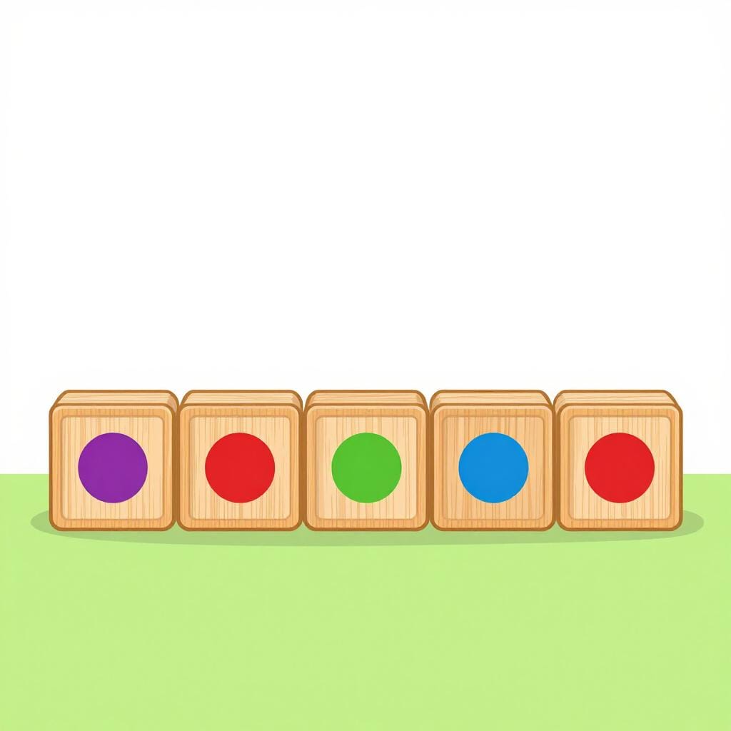 A row of wooden toy blocks with colorful circles painted on them in a sequence.