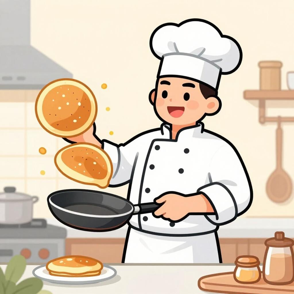 A skilled chef expertly tossing a perfect pancake in a professional kitchen.