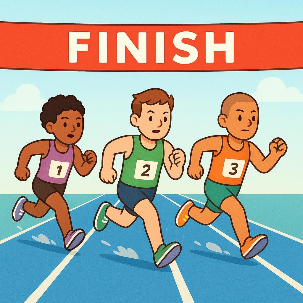 Three simplified cartoon athletes sprinting fiercely on a brightly colored running track towards a simple red and white finish line banner.
