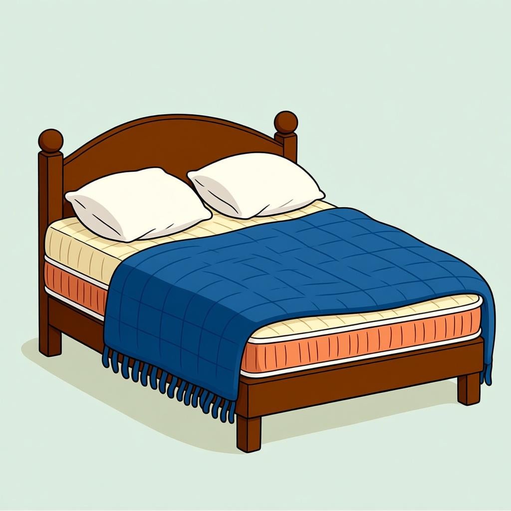 A cozy, neatly made wooden bed with colorful blankets and pillows inside a simple bedroom.