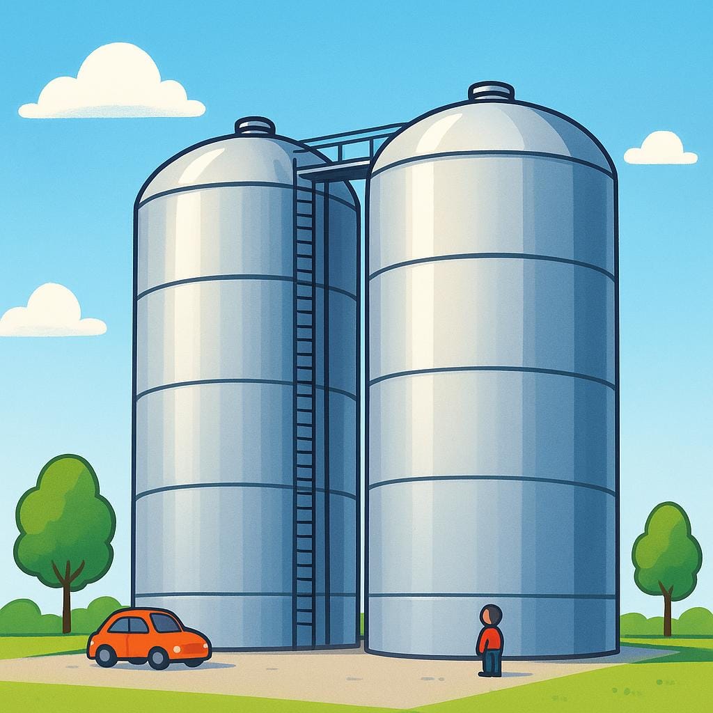 Two large, white, cylindrical industrial storage tanks standing upright, used for holding liquids or gas.