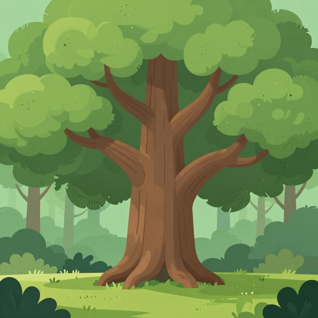 Uma vasta floresta antiga com árvores gigantes de troncos grossos crescendo através de várias camadas de folhas caídas, representando uma longa passagem de tempo.