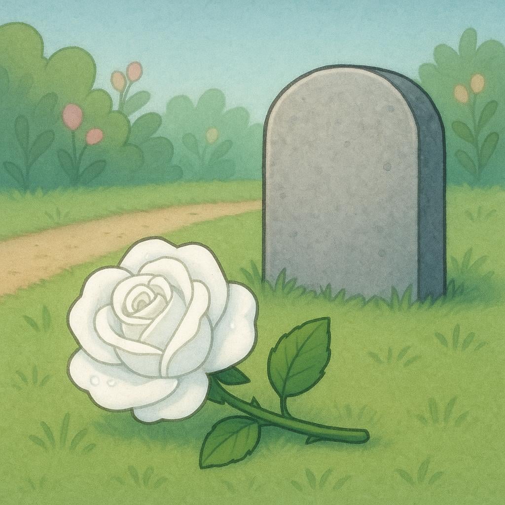A high quality simple colorful storybook illustration featuring a single white rose resting against a smooth gray stone marker in a serene garden, symbolizing a memorial for a victim.