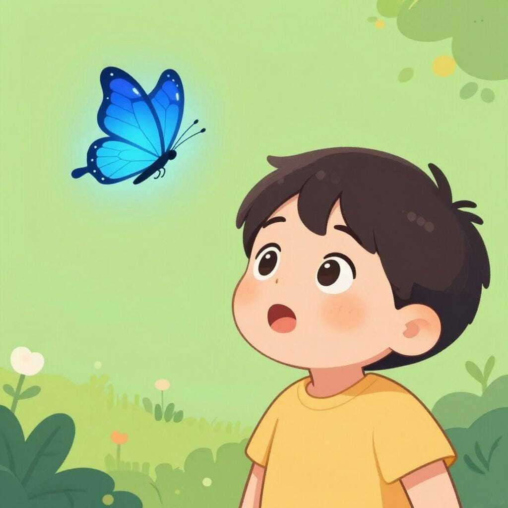 Uma criança pequena com os olhos arregalados e a boca aberta de espanto, olhando para uma borboleta mágica e brilhante.