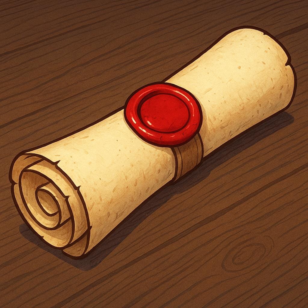 Een dikke, officieel ogende opgerolde perkamenten rol vastgebonden met een rood lint en verzegeld met was, rustend op een houten bureau.