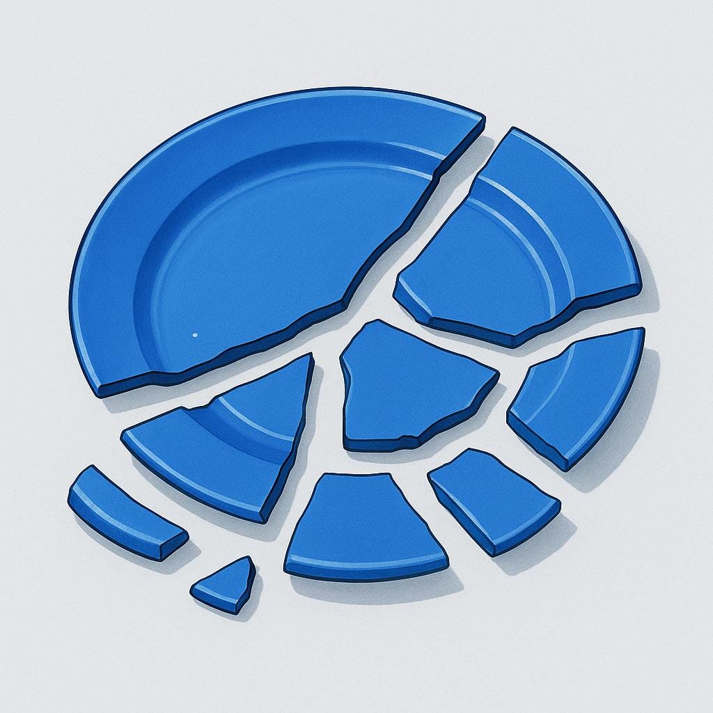 A simple blue ceramic plate lying on a flat surface, clearly broken into several distinct fragments and pieces.