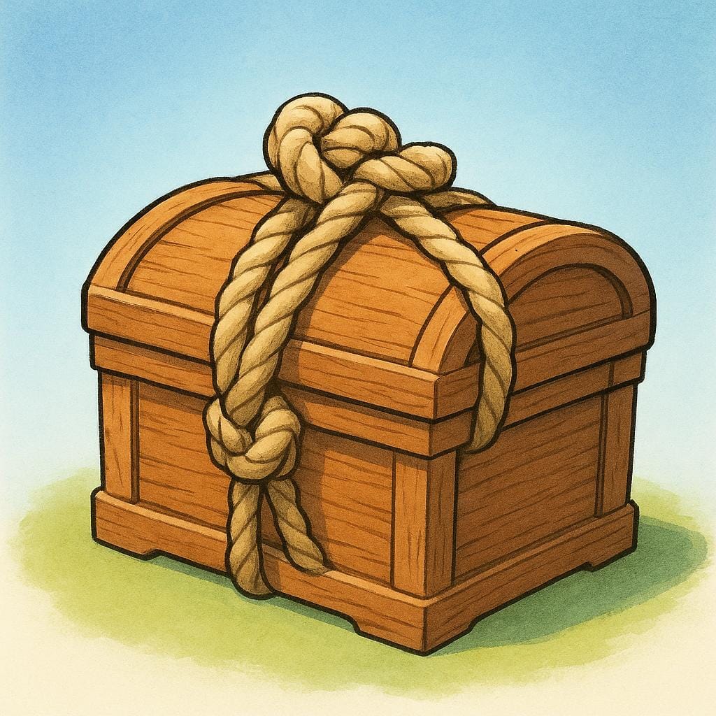A simple wooden chest securely tied shut with a heavy knot on top, illustrating that the action of closing is complete.