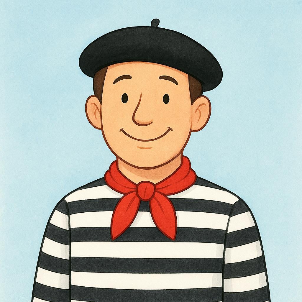 A simple cartoon drawing of a smiling man wearing a black beret, a horizontal black and white striped shirt, and a red neckerchief.