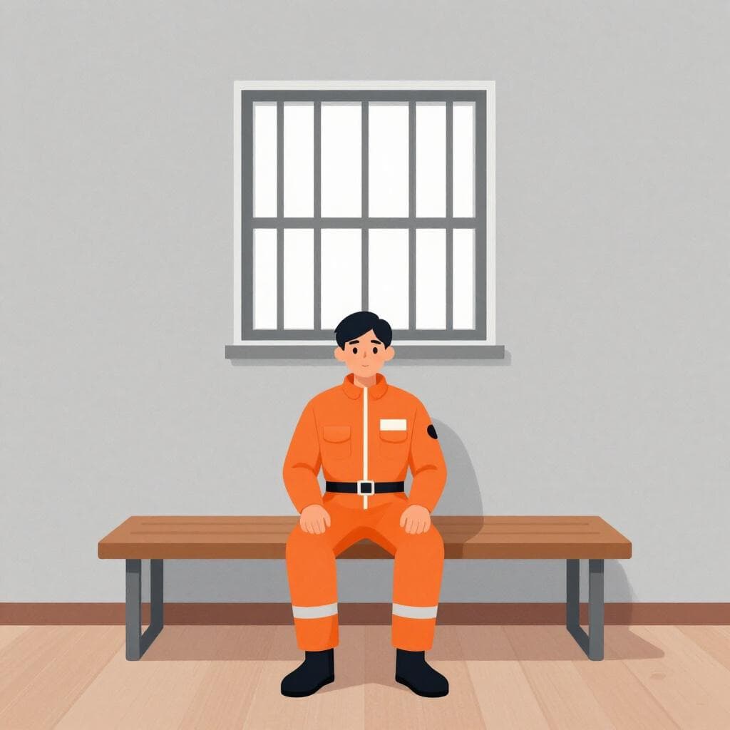 Een persoon in een eenvoudig oranje gevangenispak, zittend op een klein houten bankje in een grijze kamer met een klein raam met tralies hoog in de muur.