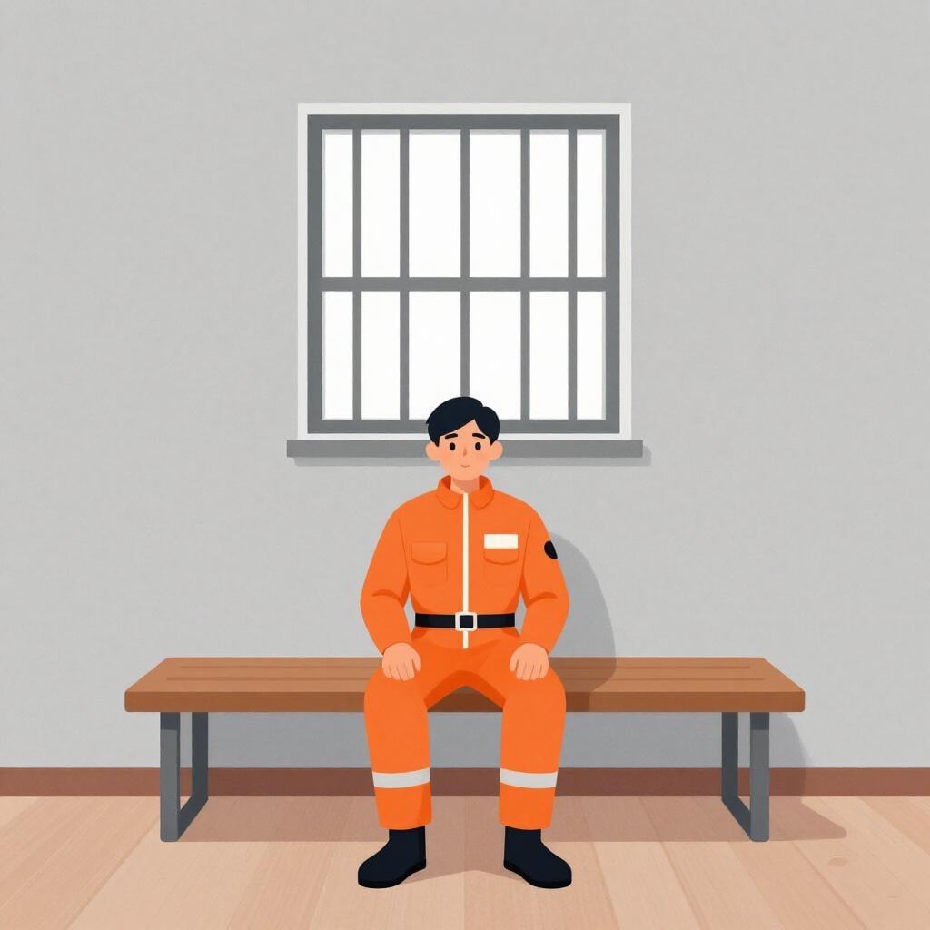 Uma pessoa vestindo um macacão laranja simples sentada em um pequeno banco de madeira dentro de uma sala cinza com uma pequena janela gradeada no alto.