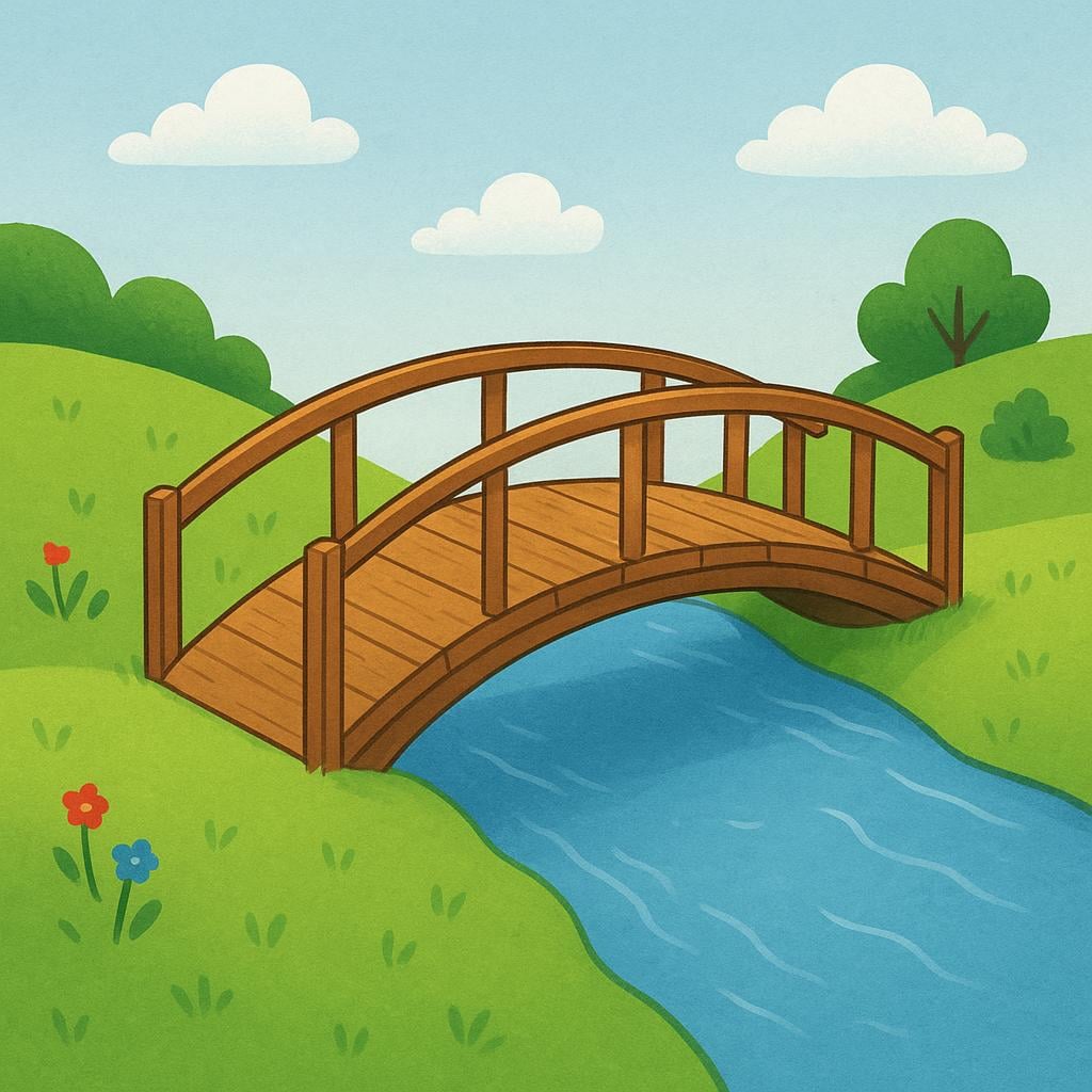 A simple wooden bridge acting as a connection between two sides of a calm stream, symbolizing a channel or method.