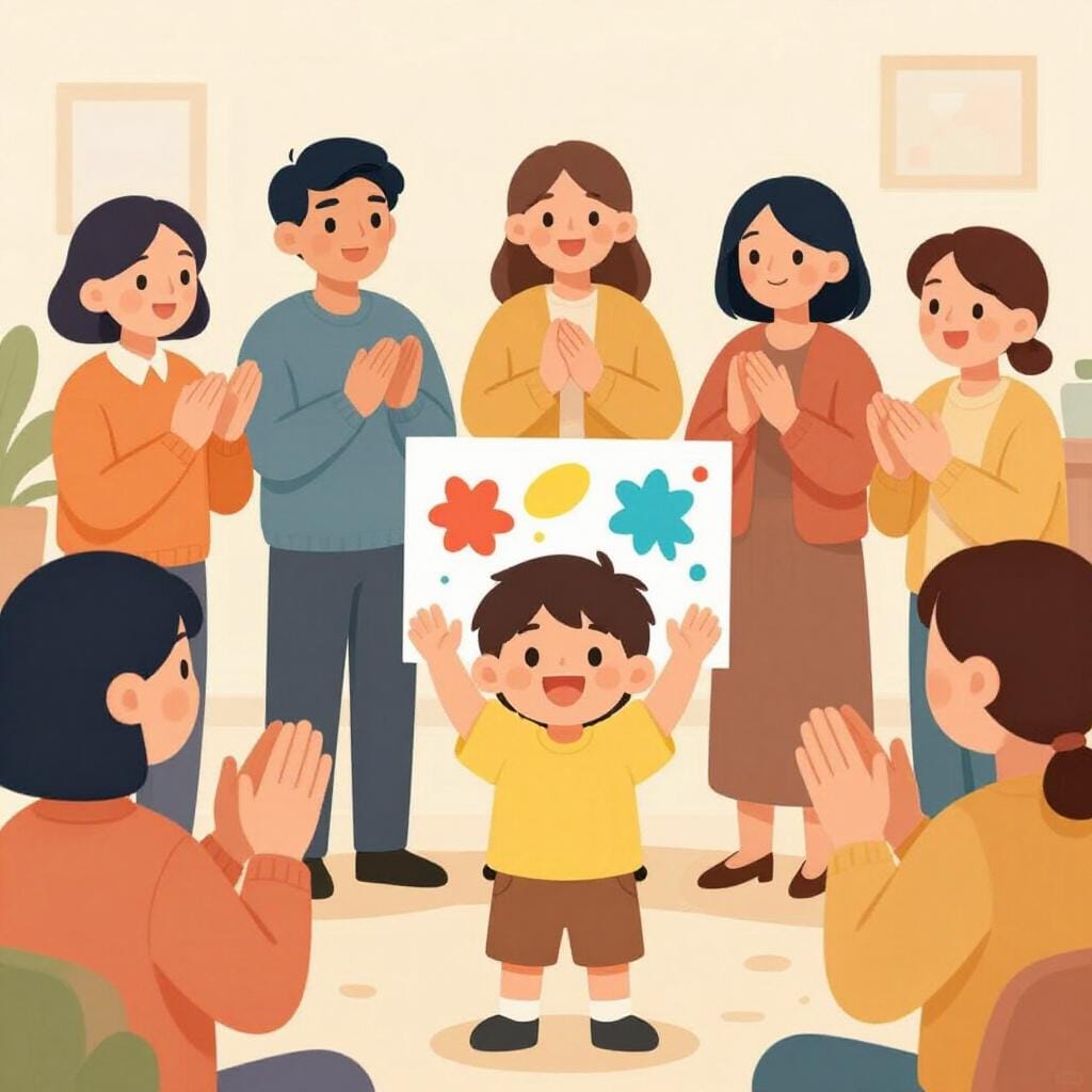 A happy child holding a colorful drawing while a group of people smile and clap for them in admiration.