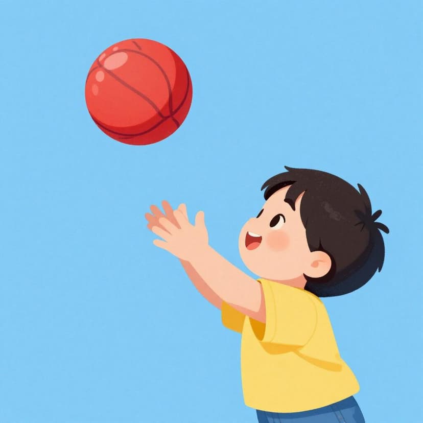 A child catching a colorful ball in mid-air with their hands.