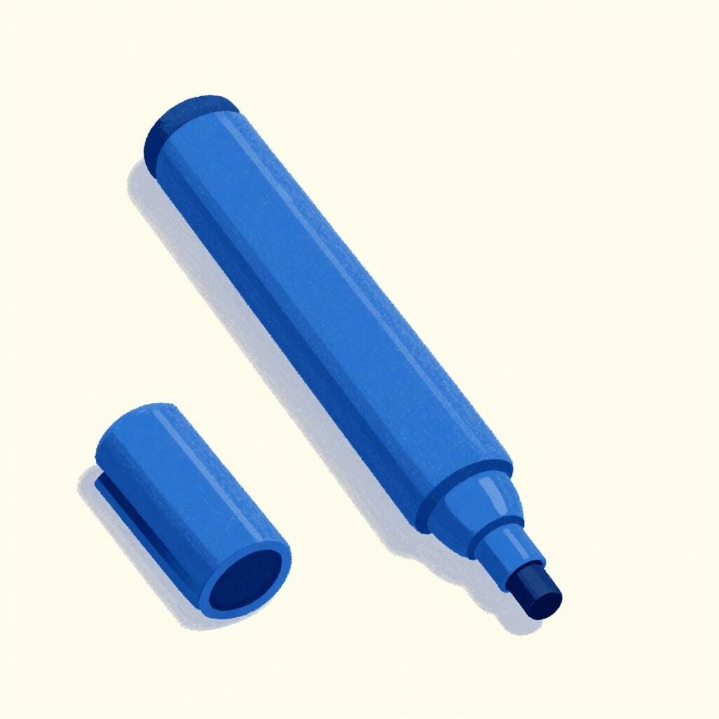 A single thick blue marker with its cap off, standing on a white surface.