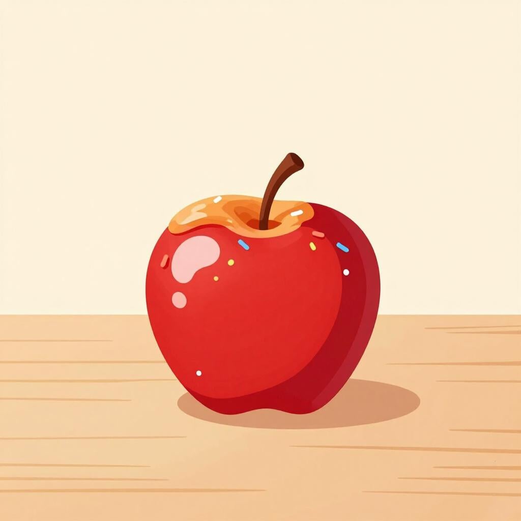 A delicious, shiny red apple covered in caramel and sprinkles sitting on a wooden table.