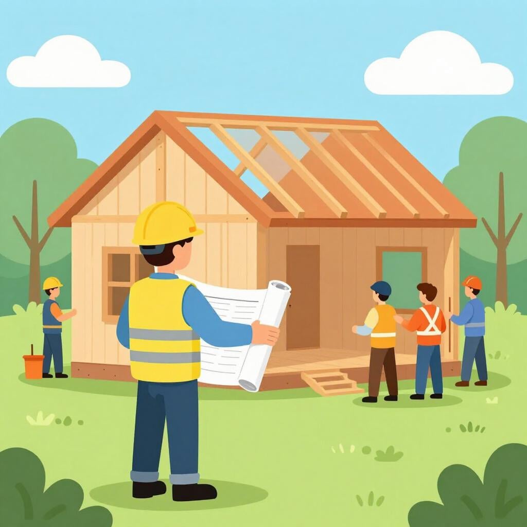 Une personne portant un gilet de sécurité jaune et tenant un plan déroulé, debout avec assurance devant un chantier de construction avec des ouvriers en arrière-plan.