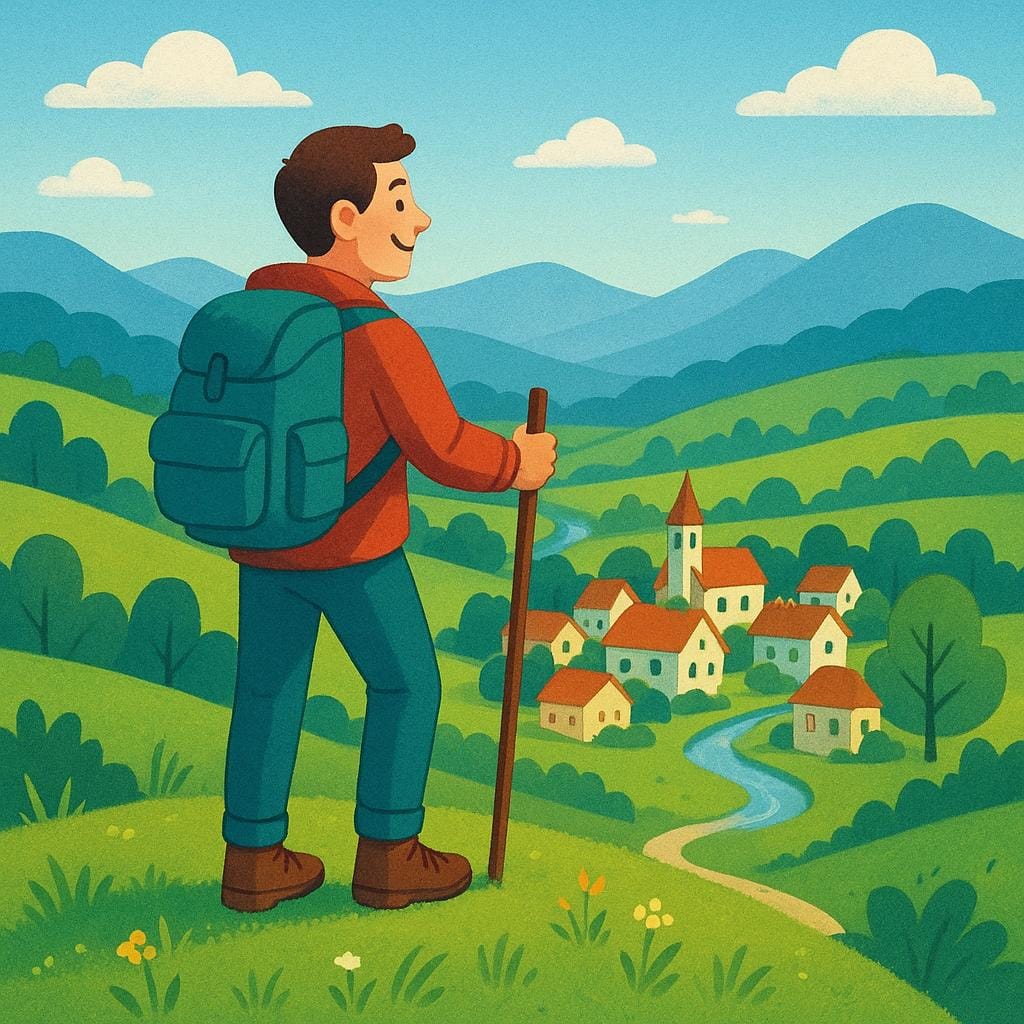 A happy hiker stands on a mountain summit, looking down at a small village in the valley below, symbolizing the completion of a journey.