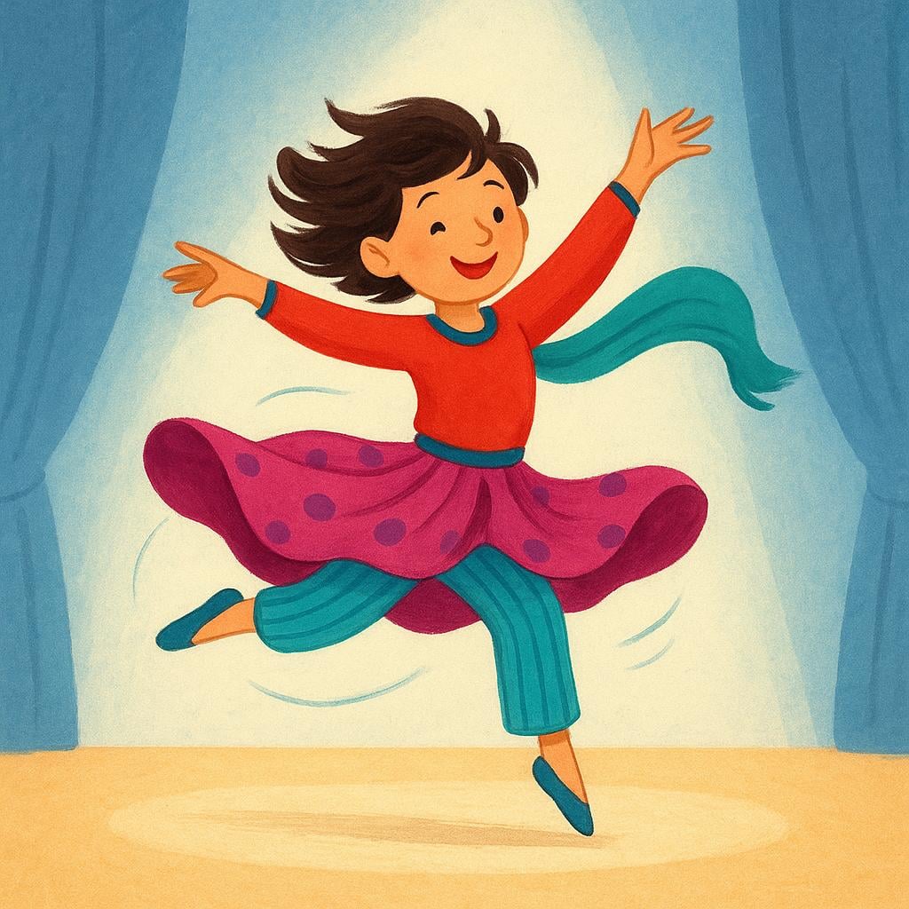 A dynamic illustration of a single person leaping and spinning mid-air while performing a solo dance routine.