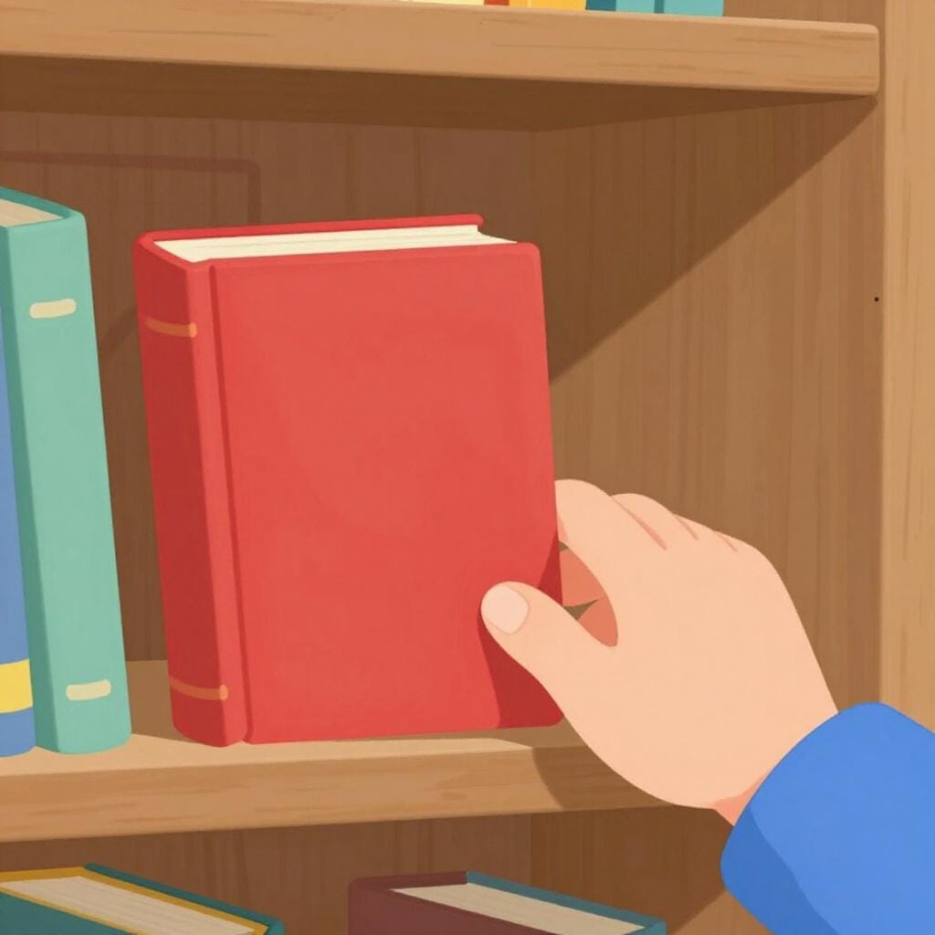 Una mano stilizzata che posa delicatamente un libro rosso spesso su uno scaffale di legno.