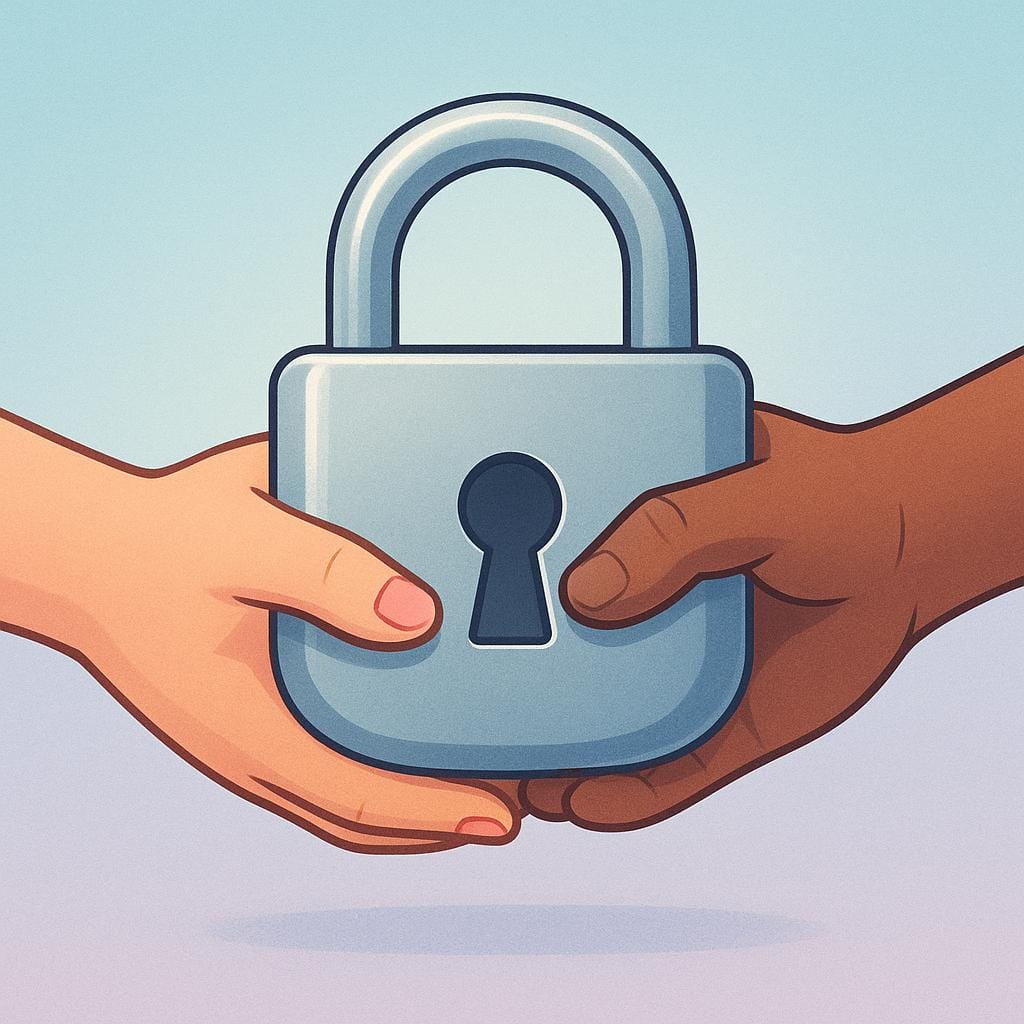 Two hands firmly clasping a large, secure padlock, symbolizing a guarantee or assurance of good faith.