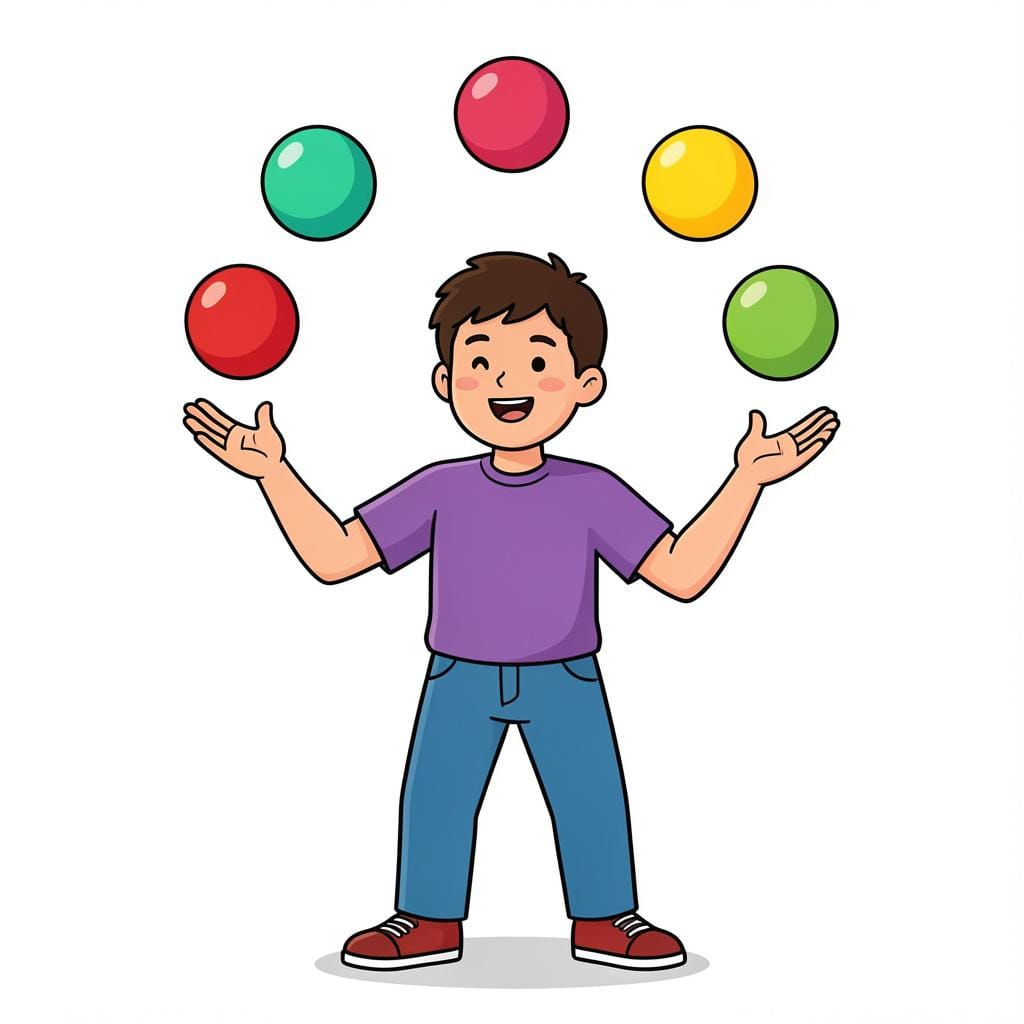 A person expertly juggling several colorful balls with ease and a confident smile.