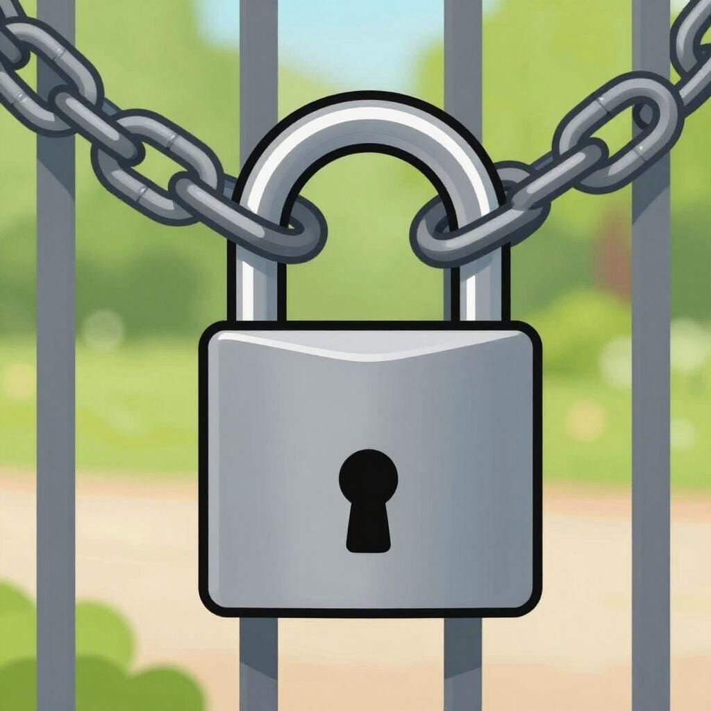 Ein stabiles Metallschloss, das sicher an einer dicken Eisenkette um ein Tor befestigt ist.