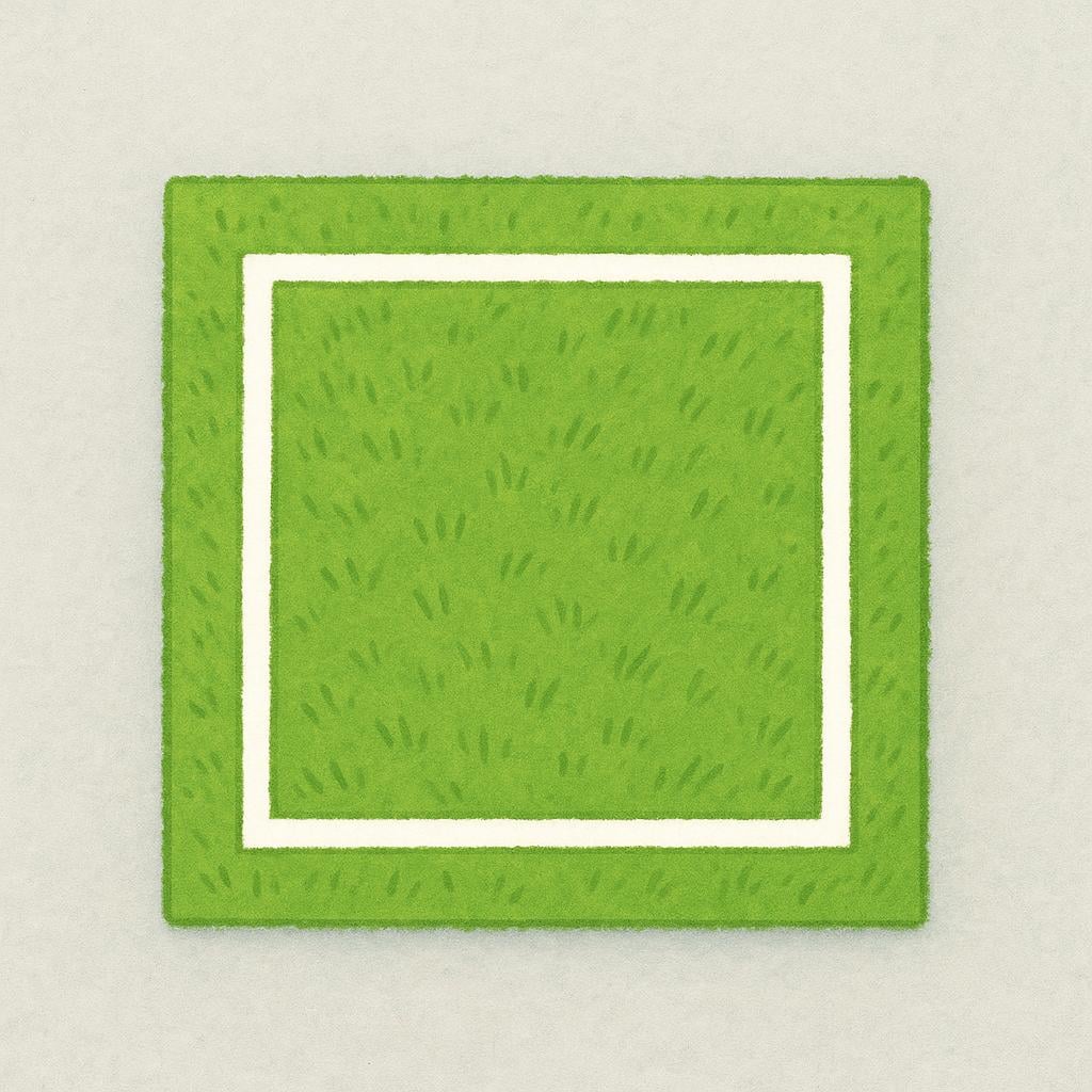 A square patch of green grass clearly marked by a white boundary line, viewed from above, representing a defined physical space.