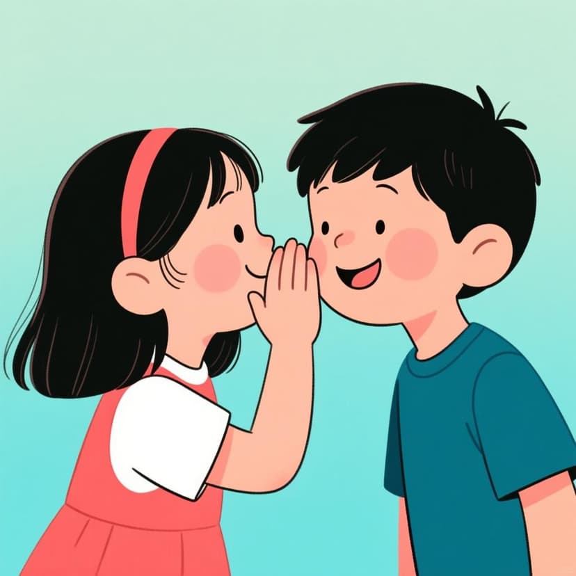 A simple storybook illustration showing a girl leaning in and whispering a secret into the ear of a boy, illustrating the act of telling someone something.