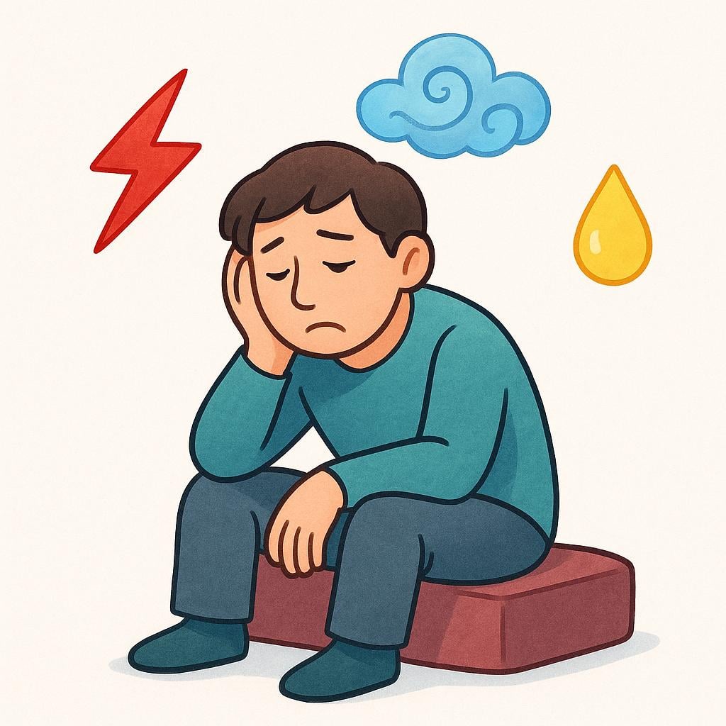 A figure sitting down looking fatigued or unwell, surrounded by three distinct, floating symbols representing multiple symptoms: a red lightning bolt for pain, a blue swirling cloud for confusion, and a yellow droplet for fever. This illustrates a medical syndrome.