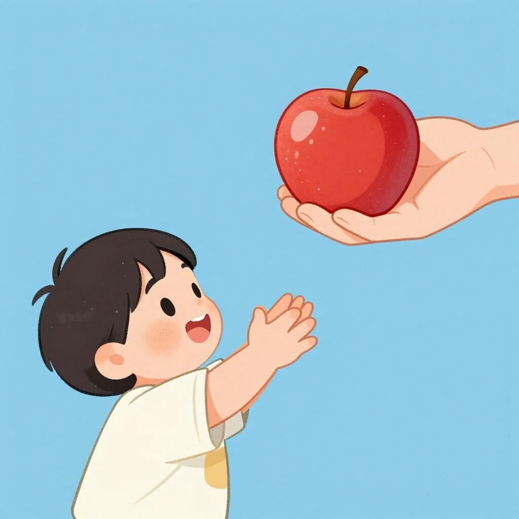 A young child politely extending their hands toward a shiny red apple held by an adult's hand.
