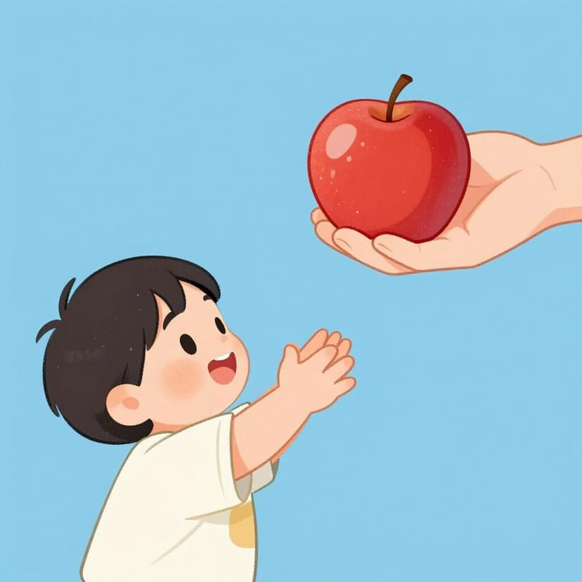 Ein kleines Kind streckt höflich seine Hände nach einem glänzenden roten Apfel aus, den eine erwachsene Hand hält.