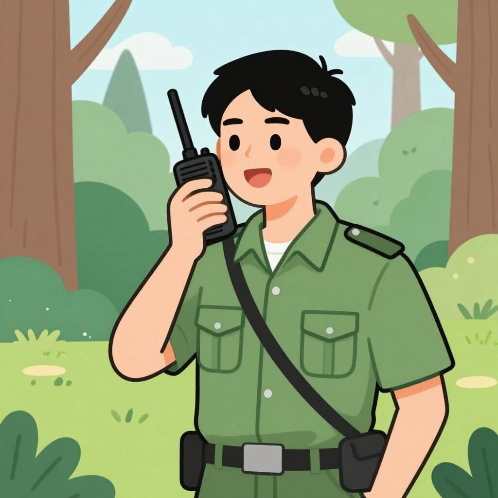 A person using a handheld radio to communicate a message outdoors.