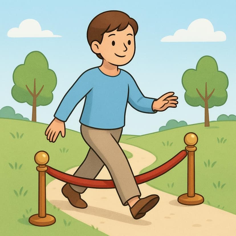 A person standing on a path, smiling confidently as they step over a low, symbolic red velvet rope that previously blocked their way, representing self-permission.