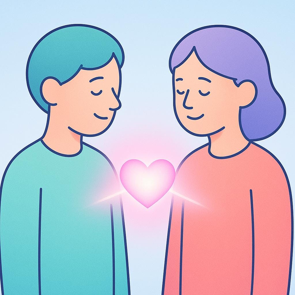 서로 마주보고 똑같이 웃고 있는 두 개의 양식화된 친근한 만화 인물들이 가슴에서 나오는 밝고 공유된 빛으로 연결되어 감정적 친밀감을 상징합니다.