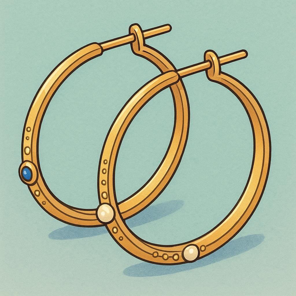 A pair of decorative gold hoop earrings with small dangling gemstones, resting on a soft jewelry box lining.